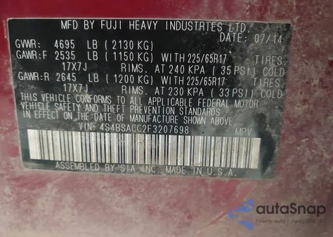 2015 Subaru Outback 2.5I Premium z USA, uszkodzony, nr VIN 4S4BSACC2F3207698